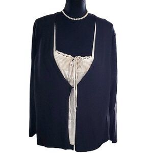 Lane Bryant Black Knit White Satin Rhinestone Button 2 in 1 Cardigan Size 22/24